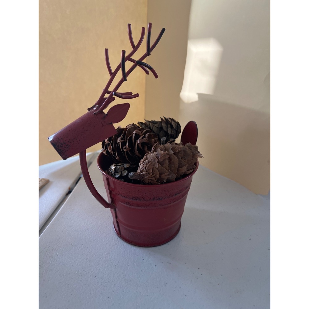 Rustic Red Metal Reindeer Bucket Christmas Holiday Decor Planter Centerpiece